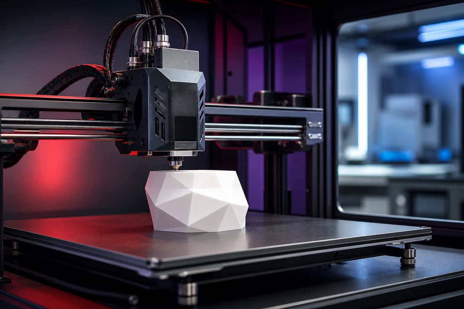 Industrial 3D printer creating a precise geometric prototype